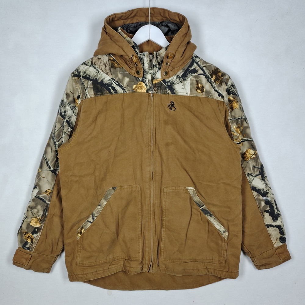 Legendary Whitetails Mens Large Brown Canvas Camo Hooded Hunting Jacket Quilted